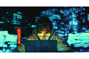 Hacker with code reflected in, a Technology Illustration by AlexArt