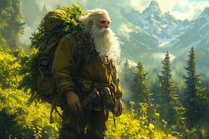 An elderly forester man with a long white beard stands in a lush green landscap, a Person Photo by Textures & Backgrounds