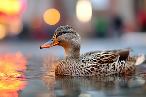 Close-up of a duck swimming in colorful water, an Animal Photo by AlyaAnd
