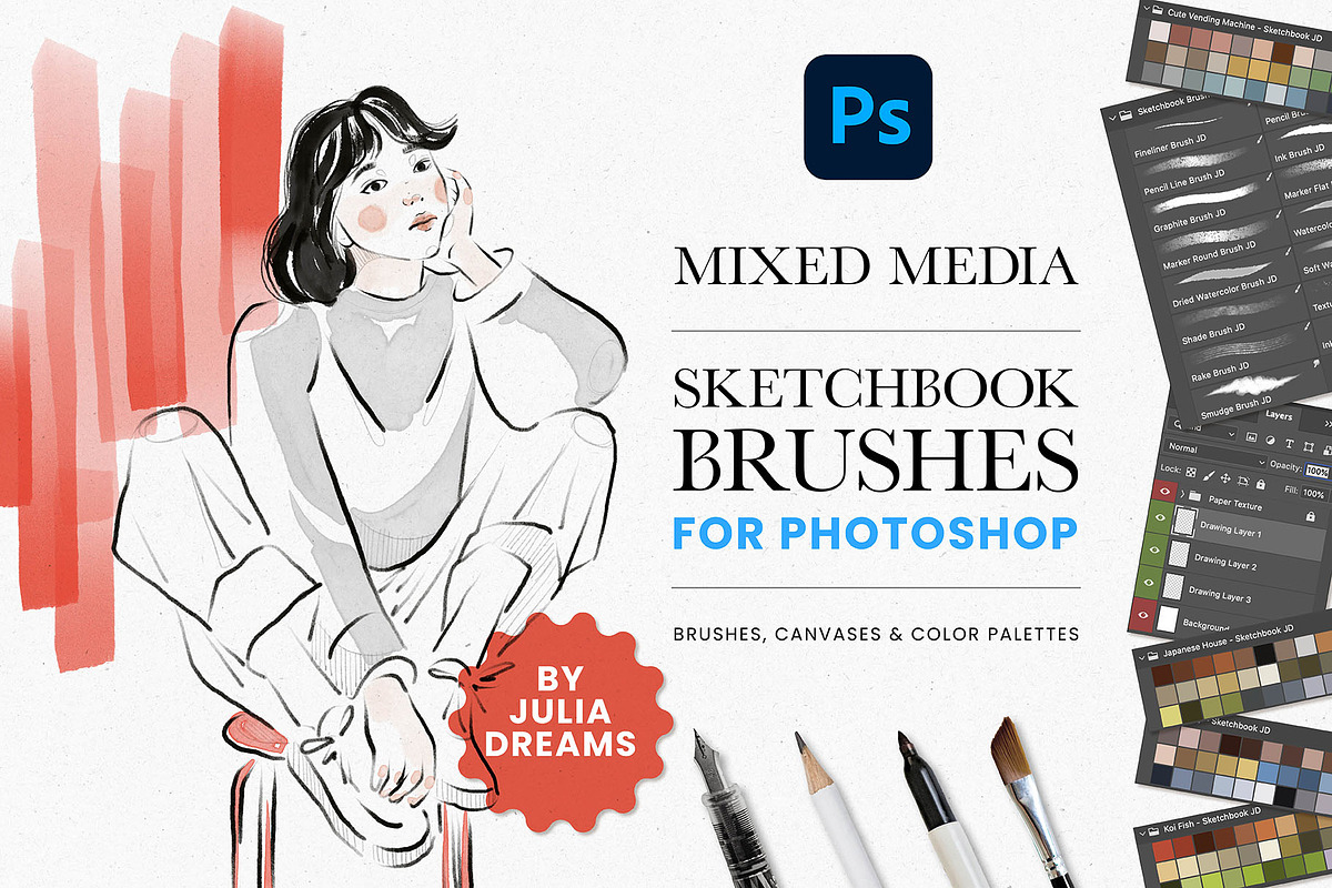 Sketchbook Photoshop Brushes, a Brush Add-On by Julia Dreams (Photo 1 of 7)