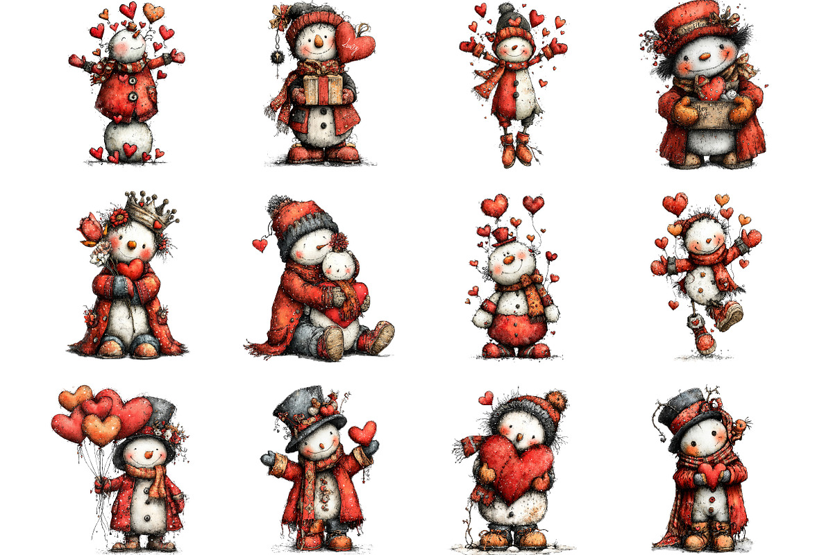 Valentine Whimsical Snowman Clipart, an Illustration by Designking (Photo 3 of 5)