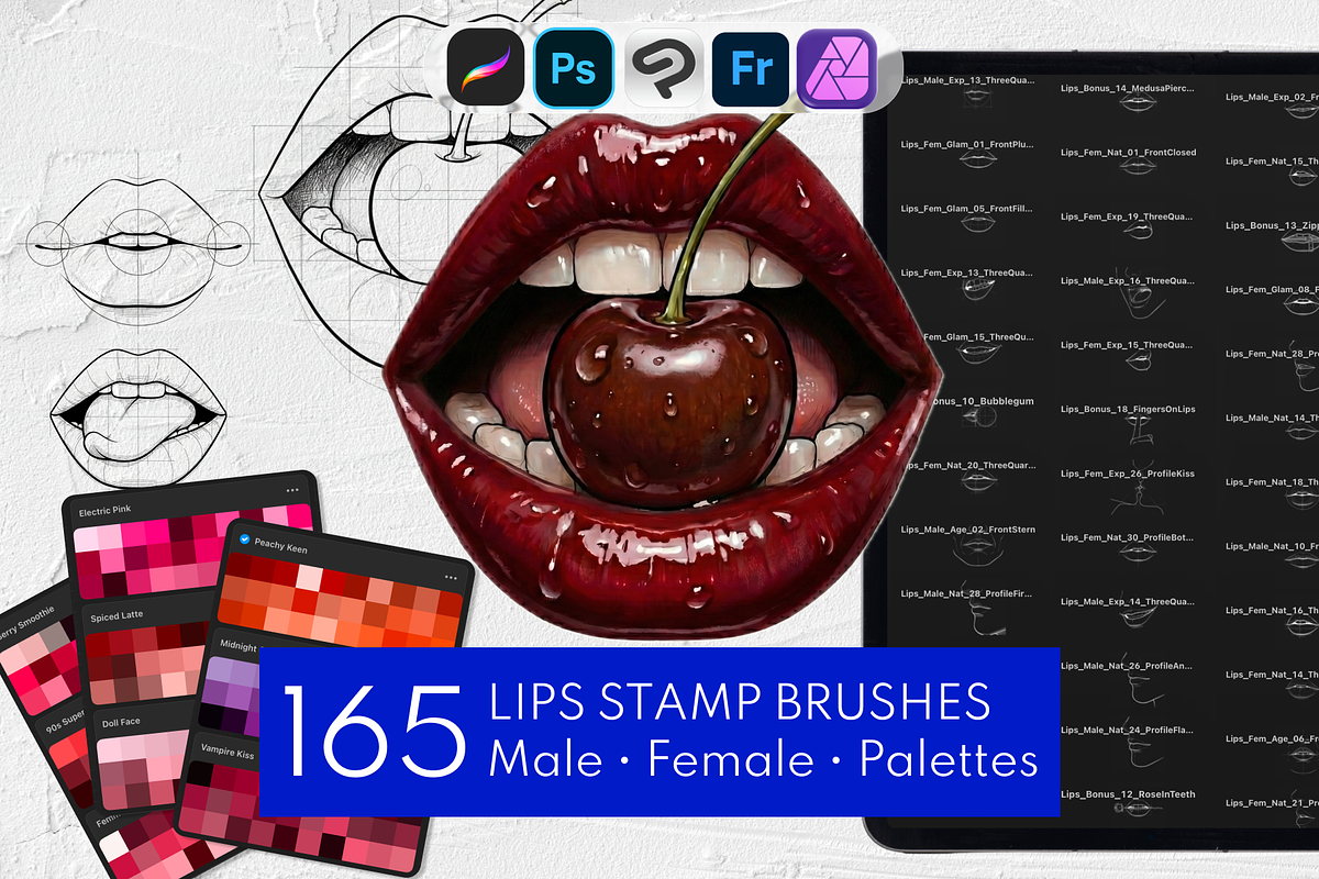 165 Procreate Lips Stamps, a Brush Add-On by Selentaori Studio (Photo 1 of 11)
