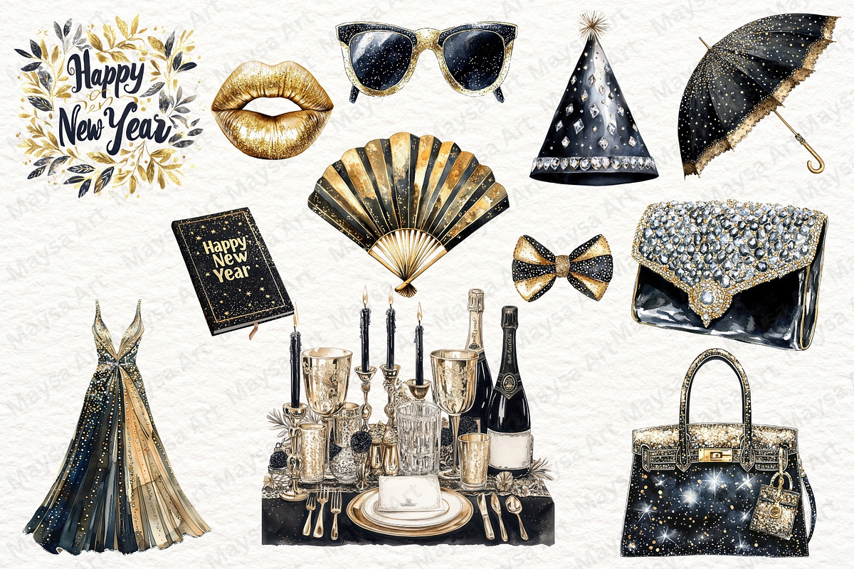 Black & Gold Happy New Year Clipart, an Illustration by Maysa Art (Photo 4 of 5)