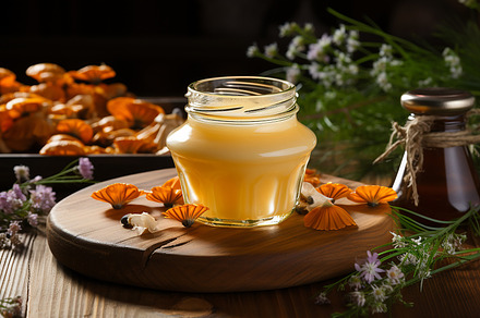 An open glass jar of creamy honey, a Food & Drink Photo by Elena Vagengeim