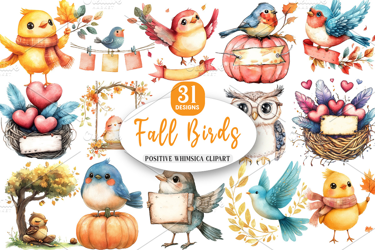 Positive Whimsical Fall Birds Clipar, an Illustration by Watercolor design (Photo 1 of 5)