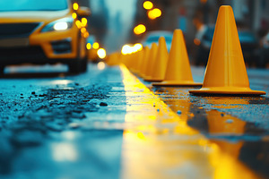 Yellow road cones lined up on wet asphalt during urban construct, a Photo by AlyaAnd