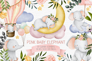 Pink Baby Elephant Clipart Set