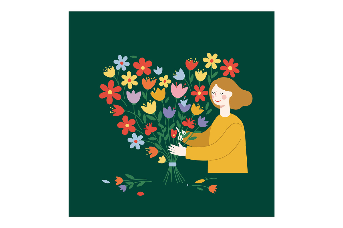 A woman joyfully arranging a colorfu, an Illustration by designvectx