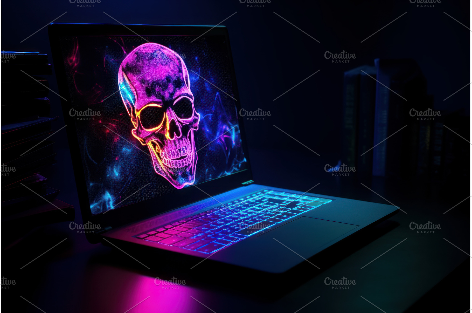Neon laptop skull image. Generate Ai, a Technology Photo by Ylivdesign