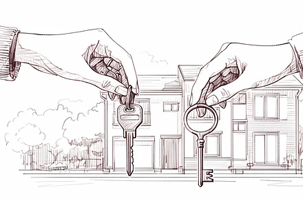 Illustration of Hands Holding House Keys Against a Residential Background, an Illustration by AS photostudio