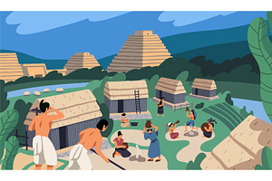 Ancient Mexican / Mayan village, a Person Illustration by PaperTrident