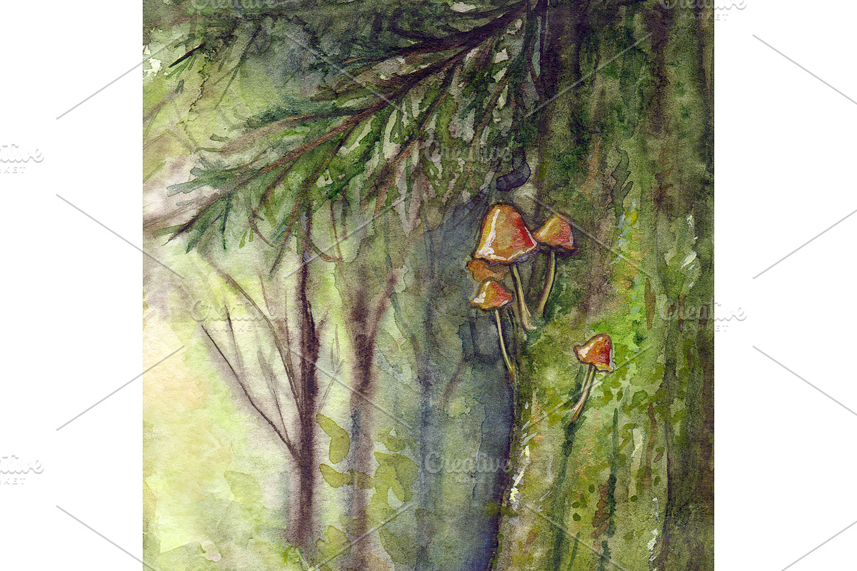 Mushrooms on tree wood forest art, an Object Illustration by Art By Silmairel