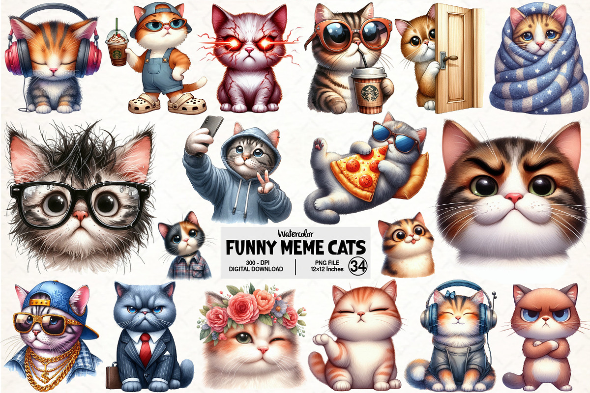 Funny Meme Cats Sublimation Clipart, an Illustration by Pixels.Craft (Photo 1 of 7)