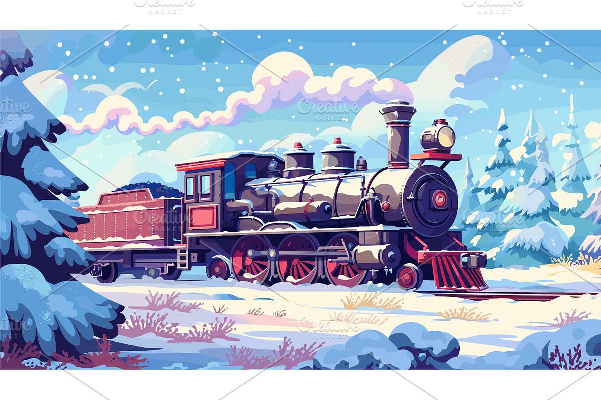 Vintage Locomotive Snow Forest, a Transportation Illustration by LadadikArt