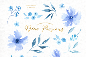 Blue Passions Watercolor Clipart