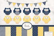Navy & Lemon Vector Owls & Papers, an Animal Illustration by Amanda Ilkov (Thumbnail 1 of 3)