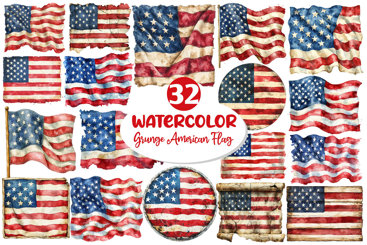 Vintage Grunge American Flag Clipart, an Illustration by Dream Creation (Photo 1 of 4)