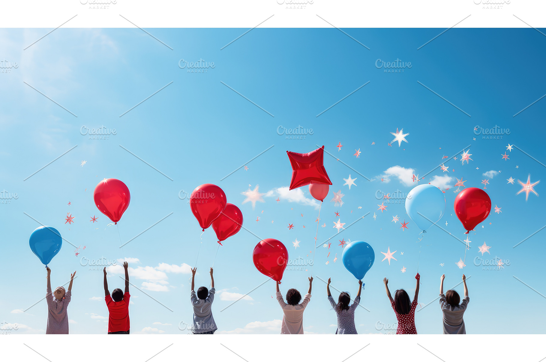 sky blue and red stars ai generated, a Nature Photo by pikepicture