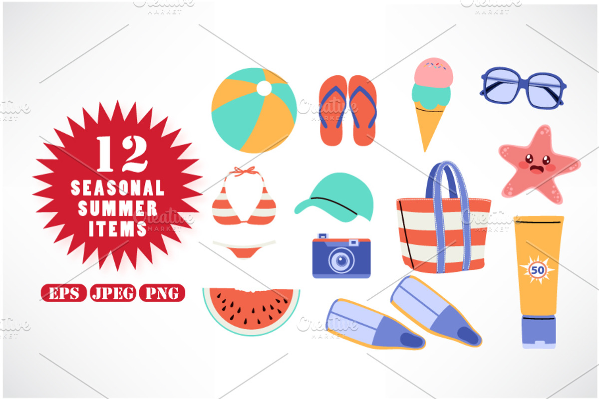 12 Summer Stickers Set Beach Items, a Seasonal Illustration by Kakigori Studio (Photo 2 of 2)