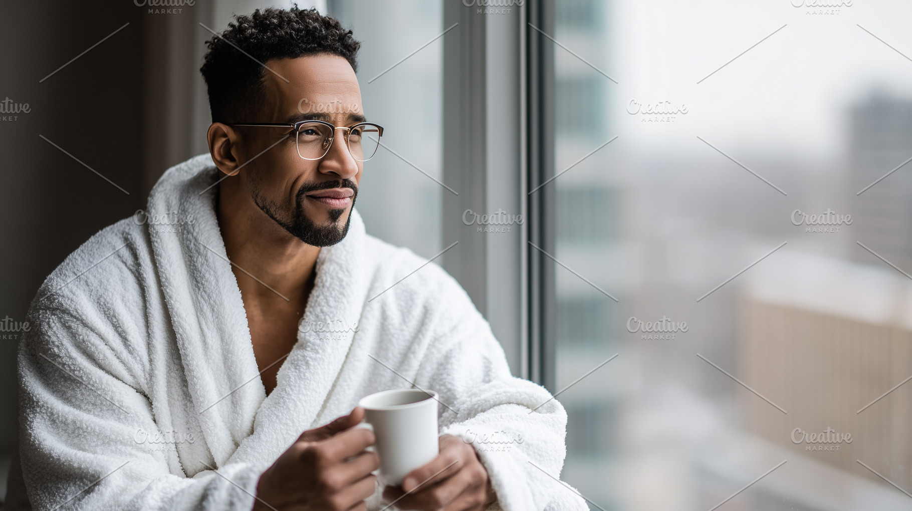 Man in a cozy white robe enjoys, a Person Photo by MistyDay