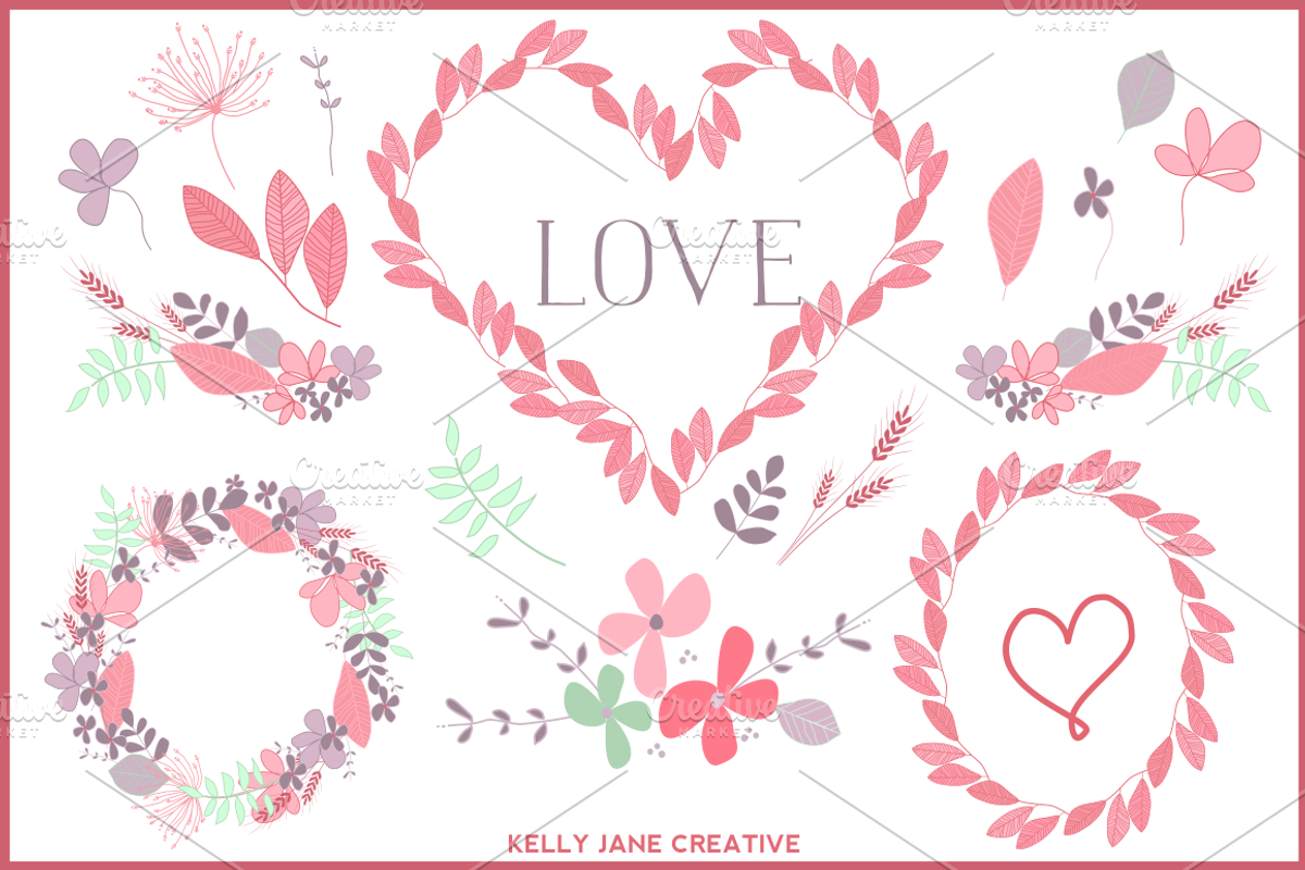 Valentine Wreaths & Flowers Vector, a Seasonal Illustration by Kelly Jane Creative