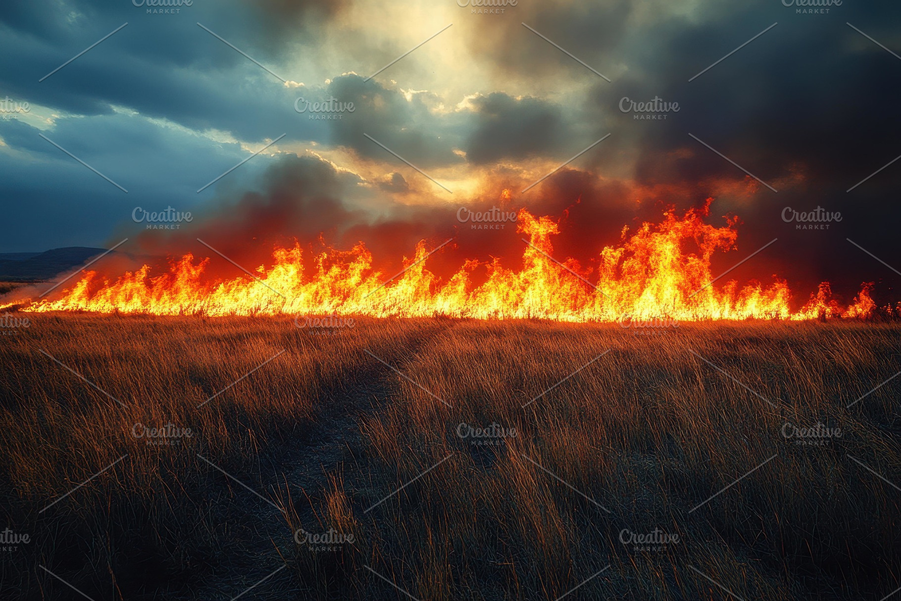 Wildfire consumes grassland under a, a Photo by Tanuart