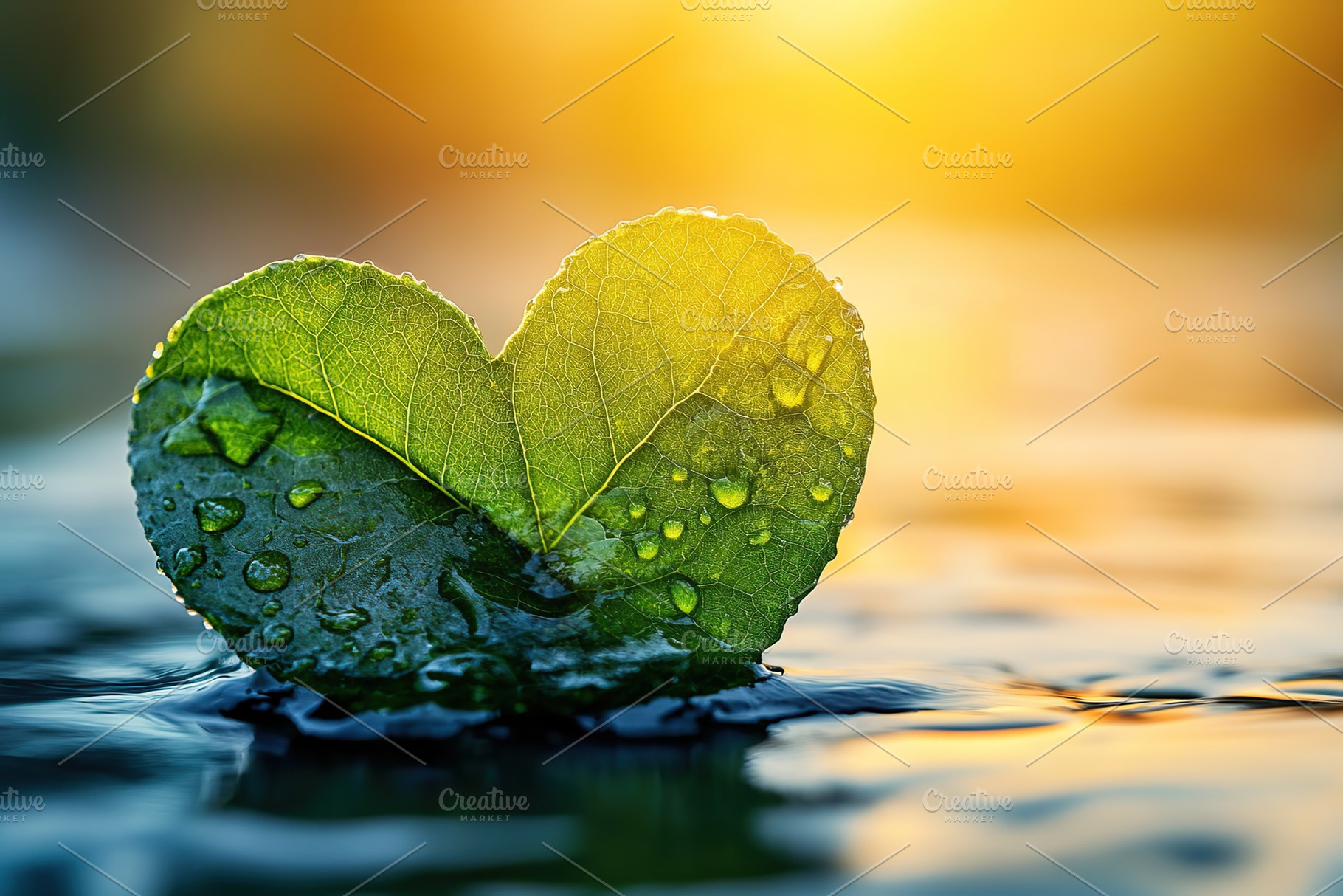 Raindrops on green leaves in shape of love heart in the morning, a Nature Photo by AlyaAnd