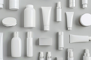 Blank cosmetic containers on grey background, a Health & Medical Photo by AlyaAnd