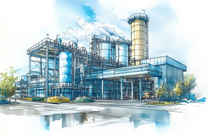 A detailed illustration of an industrial facility featuring large storage tanks, a Technology Illustration by Textures & Backgrounds