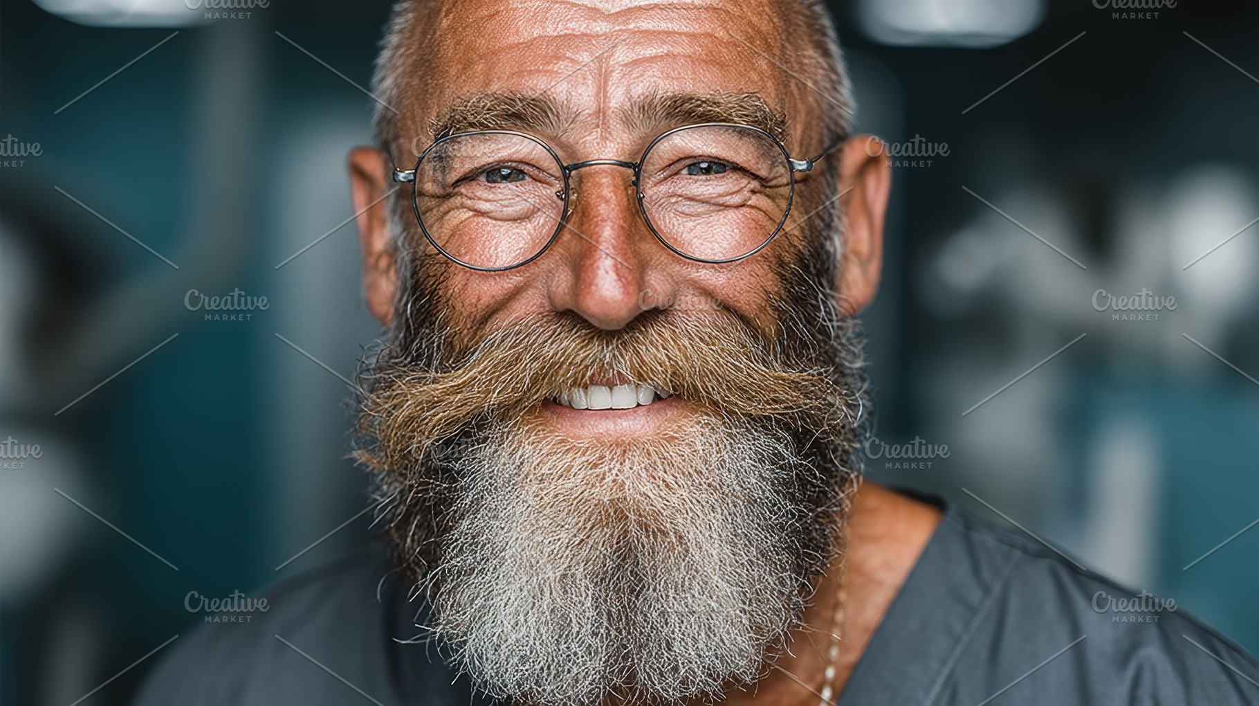 Senior dentist portrait smiling with full beard and glasses in a modern dental, a Photo by AS photostudio