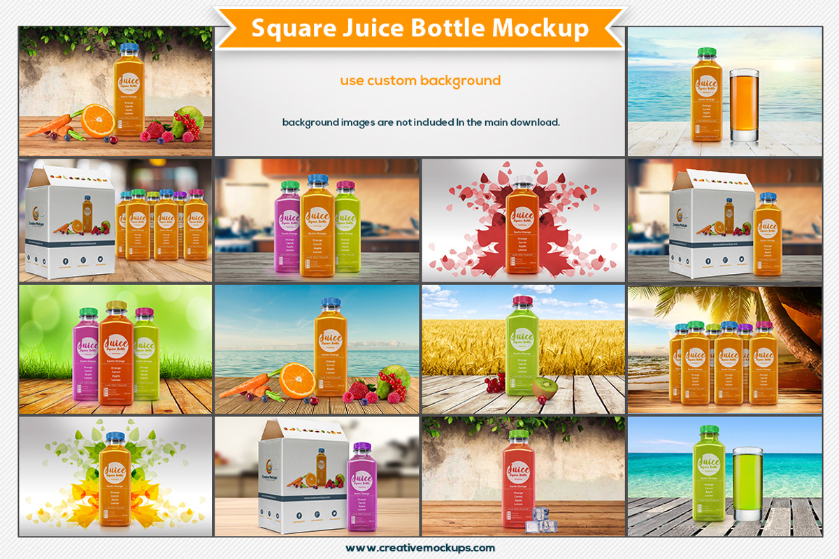 Square Juice Bottle Mockup PSD, a Packaging Mockup by Plus Media (Photo 6 of 6)
