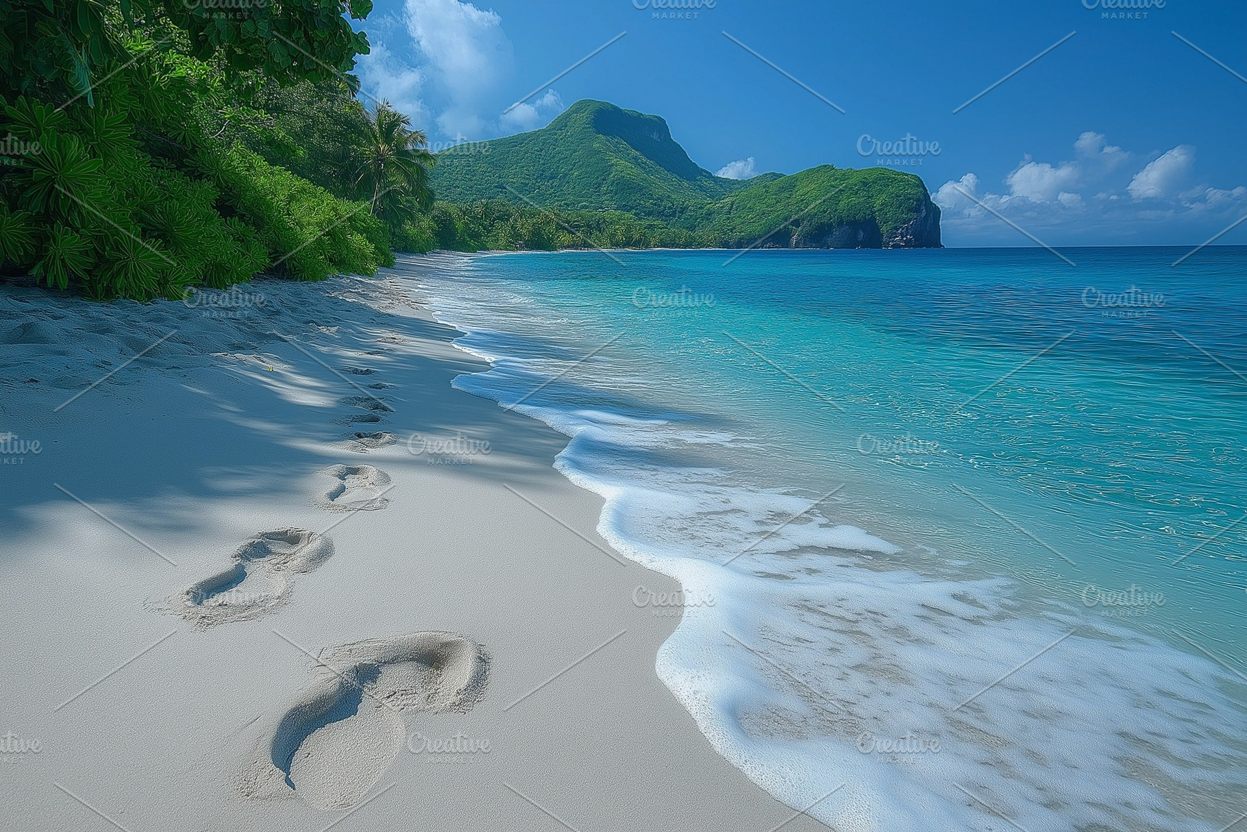 Serene beach with footprints leading into the turquoise water and lush green mo, a Background Photo by ImageMir