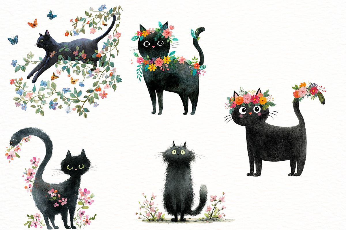Quirky Whimsy Spring Cat Clipart, an Illustration by Designworld (Photo 5 of 5)