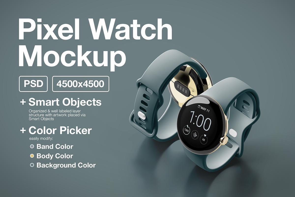 Pixel Watch Mockup, a Product Mockup by Evan Molina (Photo 1 of 3)