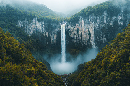 Majestic waterfall cascades down a t, a Background Photo by Pixeness