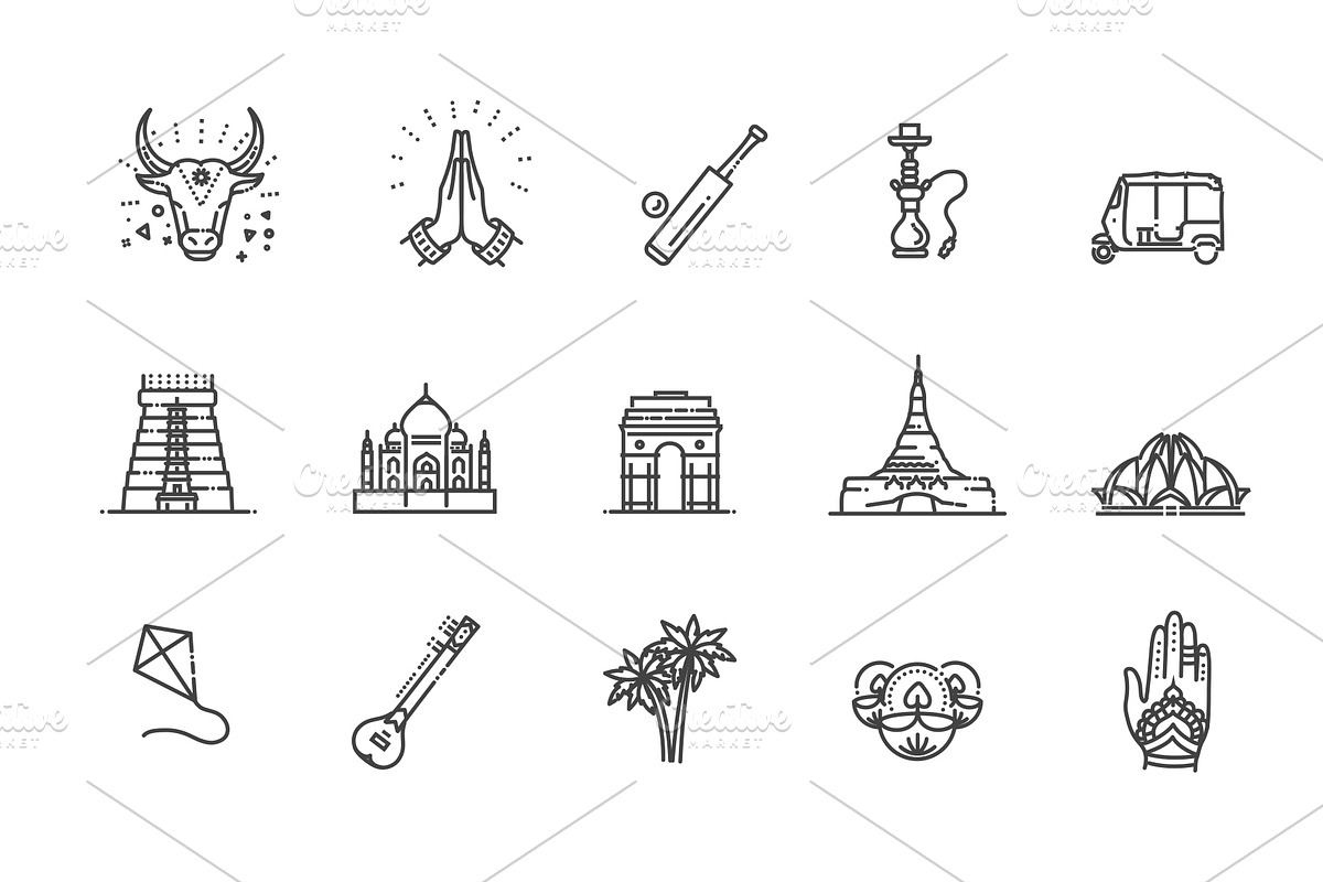India icons set. Indian attractions, an Outline Icon by Tettygreen (Photo 2 of 2)
