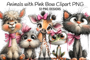 Animals with Pink Bow Clipart PNG, an Illustration by Daily.Designs