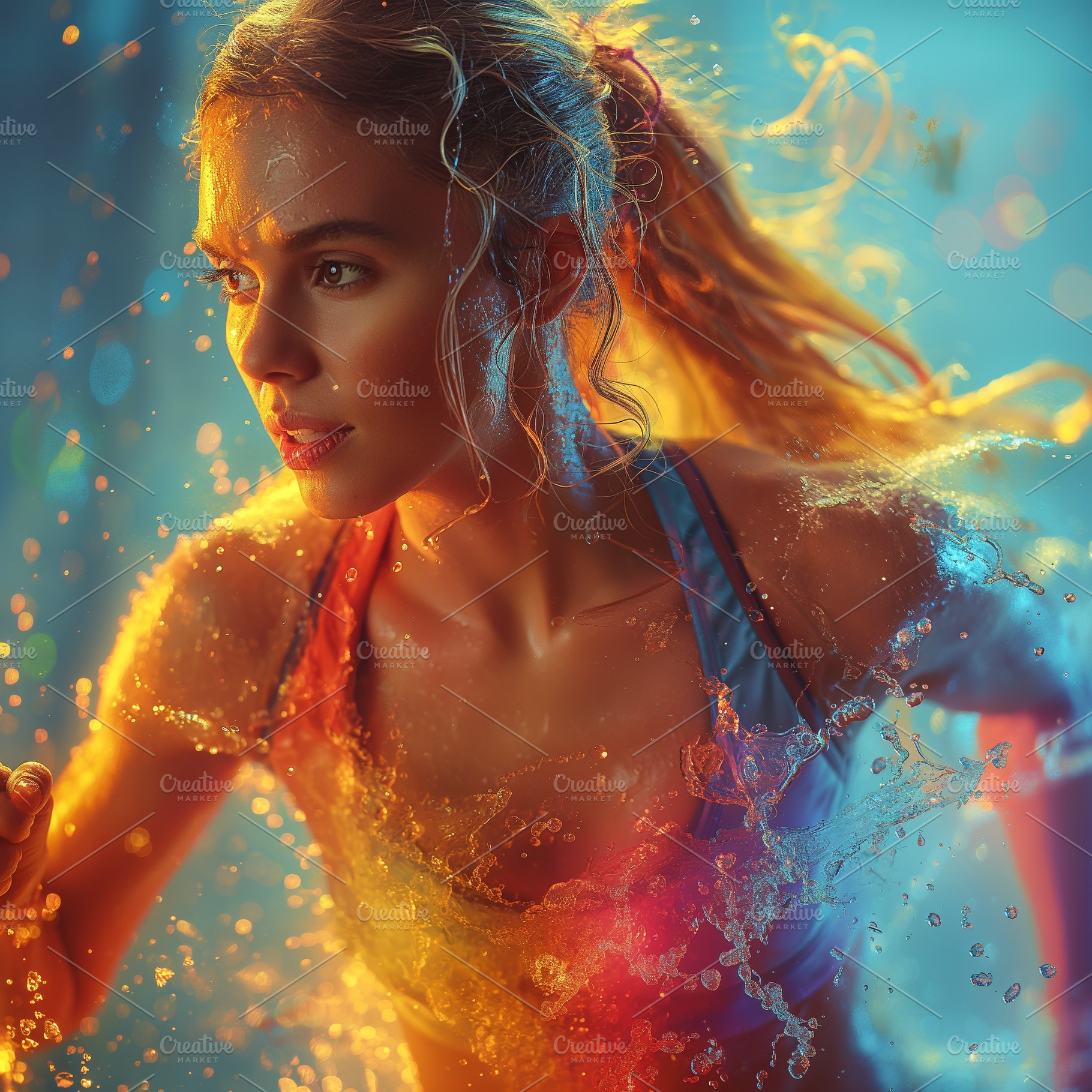 A young Caucasian woman splashes through water, exuding energy and determinatio, a Person Photo by ImageMir