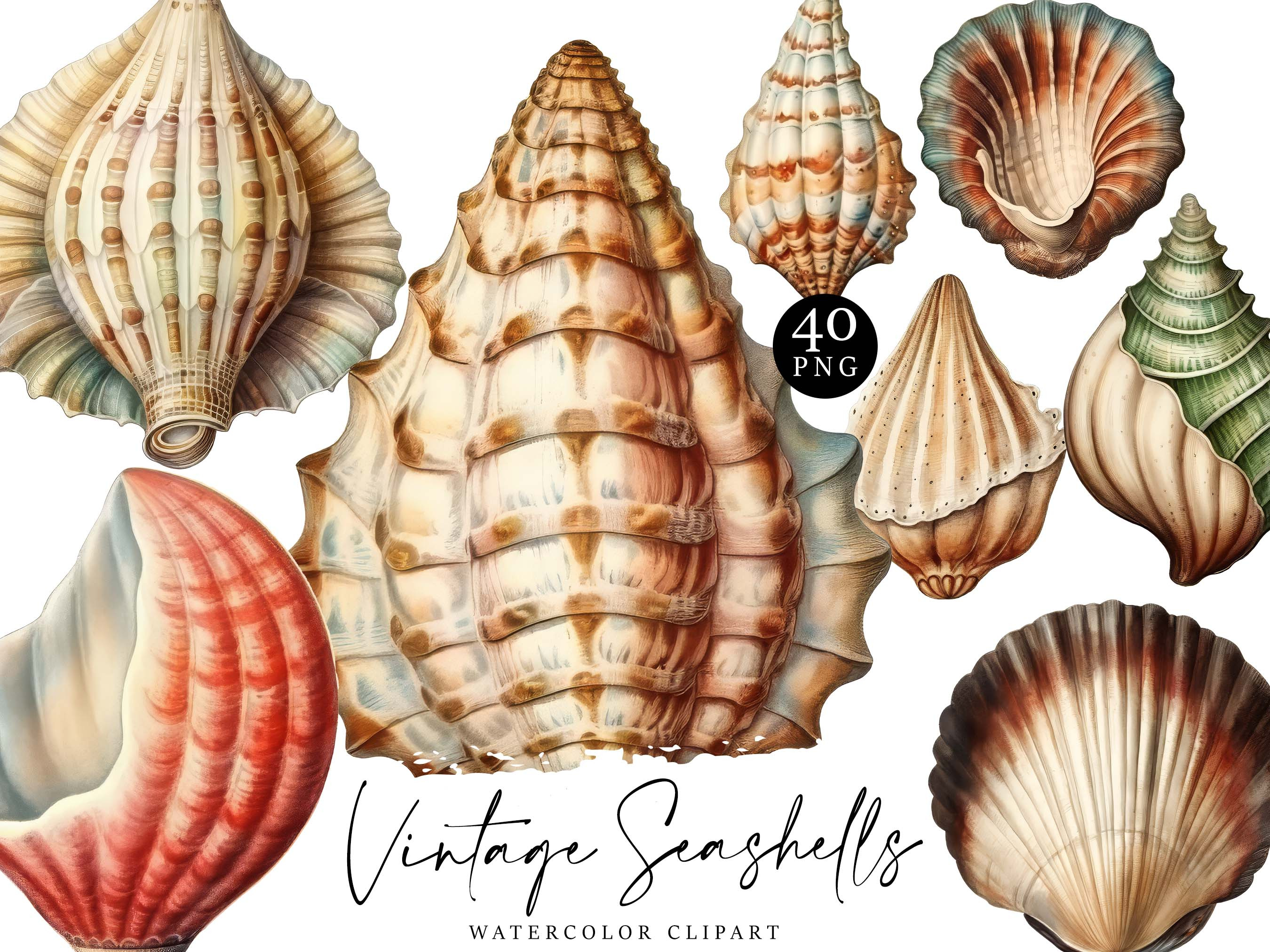 Watercolor Vintage Seashells Clipart, an Object Illustration by Design ...