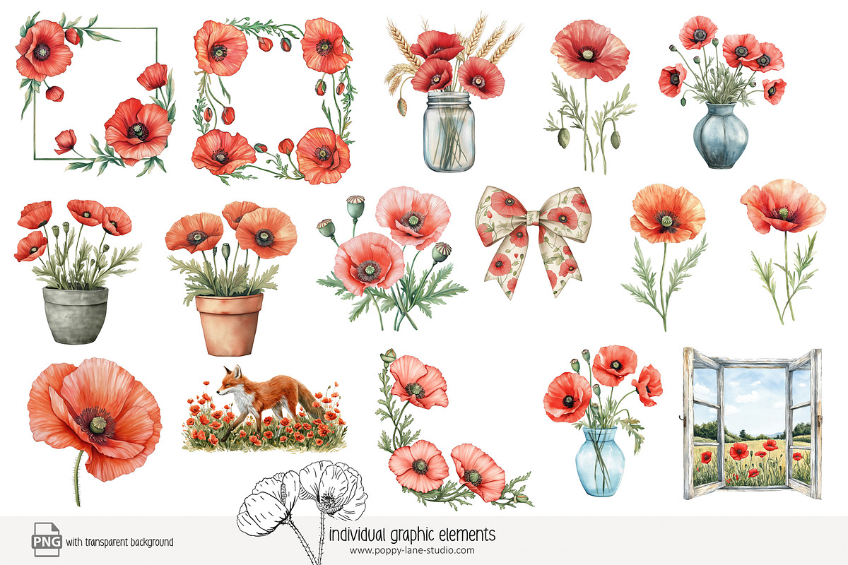 100 watercolour poppy clip art, a Seasonal Illustration by Poppy Lane Studio (Photo 2 of 12)