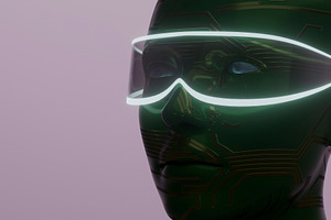 Green circuit humanoid wearing glowing smart visor
