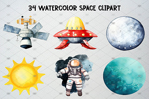 Watercolor Space Clipart Set, 34 PNG