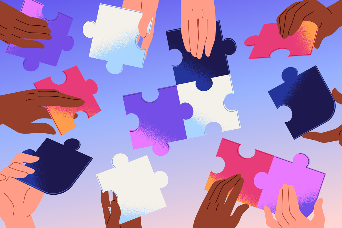 Team connecting puzzle pieces, a Decorative Illustration by PaperTrident (Photo 2 of 3)