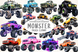 Monster Truck Watercolor Clipart, an Illustration by Watercolor design