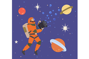 Astronaut Man Flying Among Planets