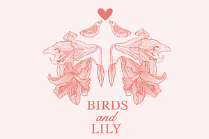 Vintage lily flowers and love birds