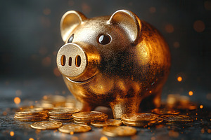 Gold piggy bank surrounded by coins, a Photo by Tanuart