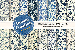 Blue Floral Toile Seamless Patterns, a Pattern Graphic by Dream Creation
