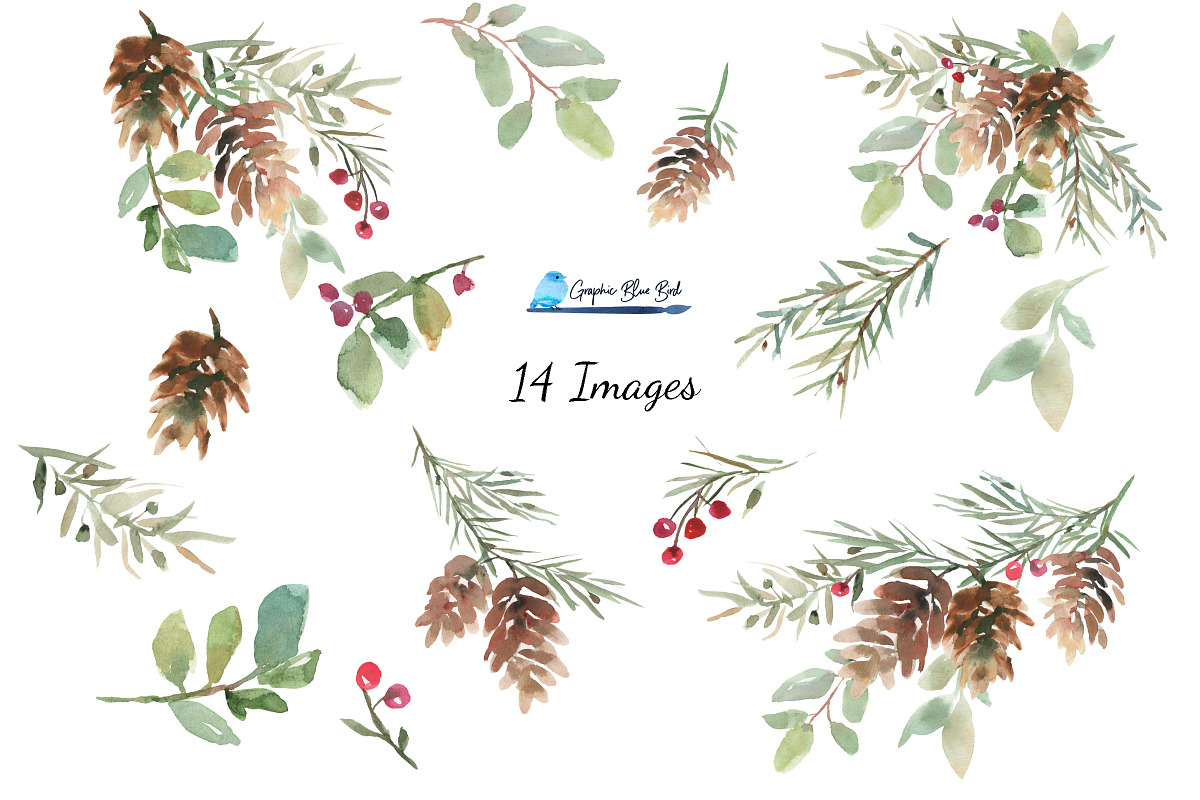 Christmas Watercolor Greenery, an Illustration by Graphic Blue Bird (Photo 2 of 5)