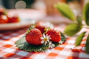 Enjoying a delightful picnic with tiny plates adorned with fresh strawberries a, a Photo by AlyaAnd